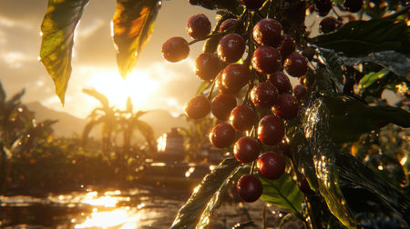 A stunning close-up image showcasing fresh coffee cherries glistening in sunlight, surrounded by vibrant green leaves on a plantation.の素材