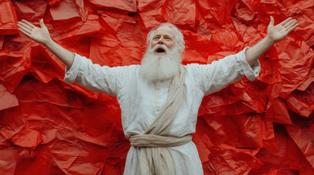 An elderly man with a joyful expression stands against a striking red crumpled paper backdrop, gesturing with open arms, symbolizing celebration and positivity.の素材