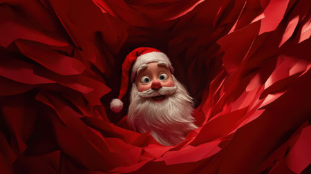 A joyful Santa Claus character pops up from a vibrant red paper background, creating a playful and festive mood ideal for holiday celebrations.の素材