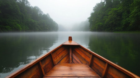 A breathtaking view from the bow of a wooden boat on a misty lake surrounded by lush trees. Perfect for nature lovers seeking tranquility.の素材