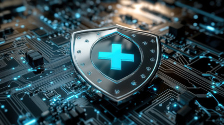 Secure your digital assets with this striking image of a shield icon on an illuminated circuit board, representing advanced cybersecurity technology.の素材
