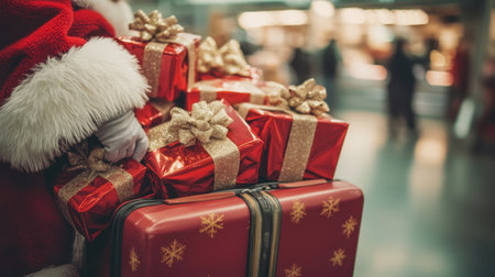A jolly Santa Claus carries a stack of bright red Christmas gifts, embodying the festive spirit in a bustling shopping mall filled with holiday cheer.の素材