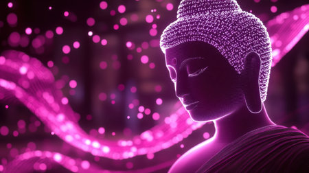 A stunning digital representation of a Buddha sculpture illuminated with vibrant pink lights, symbolizing meditation and spirituality. The abstract background enhances the serene and calm atmosphere. Perfect for themes of peace and mindfulness.の素材