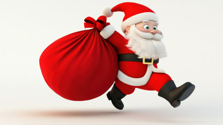 Adorable cartoon Santa Claus running energetically with a large red gift bag, capturing the joyful spirit of the holiday season. Perfect for festive promotions and decorations.の素材