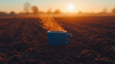 A blue cup of coffee sits on rich soil, steam rising against a stunning sunrise backdrop, capturing the essence of a peaceful morning moment in nature.の素材