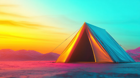Experience the beauty of a vibrant sunset casting vivid colors over a camping tent, set against a tranquil mountain backdrop. Ideal for outdoor and travel themes.の素材