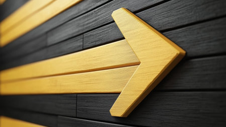 This image features a wooden arrow pointing to the right against a backdrop of dark and light striped textures. Ideal for design projects needing directional cues.の素材