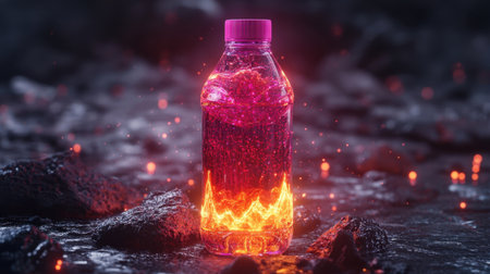 A dynamic and colorful bottle filled with a vibrant beverage stands against a dark textured background, creating an eye-catching visual effect.の素材
