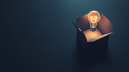 A striking image of a glowing light bulb emerging from an open cardboard box symbolizing creativity and innovation, set against a dark backdrop.の素材