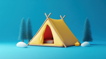 A bright yellow camping tent sits against a vivid blue backdrop, surrounded by stylized trees and snow, inviting outdoor adventures and relaxation.の素材