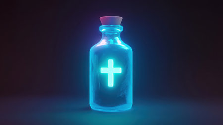 A captivating image of a glass bottle featuring a neon cross design, glowing with bright blue light against a dark backdrop. Ideal for themes of healing and spirituality.の素材
