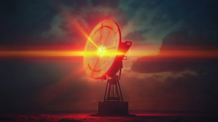 A stunning spotlight illuminates the sky during twilight, creating a dramatic scene with stormy clouds and vibrant red hues.の素材