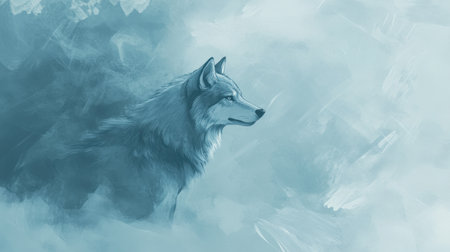 A beautiful blue wolf gazes intently towards the horizon, surrounded by a soft and dreamy background, capturing the essence of serenity and wilderness.の素材