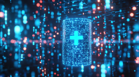 A vibrant representation of digital health care featuring neon lights and medical symbols in a futuristic abstract background. Ideal for concepts related to technology and innovation in healthcare.の素材