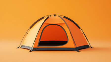 This striking orange camping tent stands out against a solid orange background, making it the perfect visual for outdoor adventures and camping promotions.の素材