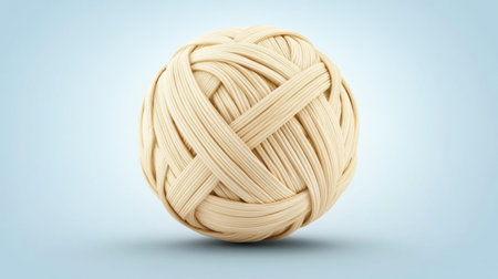This image features a close-up view of a creamy ball made of twisted elastic bands on a soft blue background, ideal for creative projects.の素材