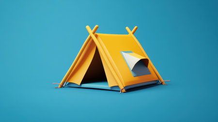 A vibrant yellow camping tent with an open flap sits against a bright blue background, capturing the spirit of outdoor adventures and leisure activities. Perfect for summer themes.の素材