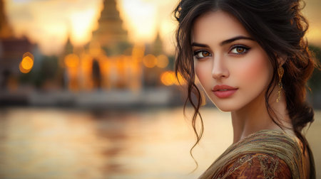 This stunning portrait captures a beautiful young woman with long dark hair gazing into the distance against a breathtaking sunset backdrop, evoking feelings of tranquility and elegance.の素材