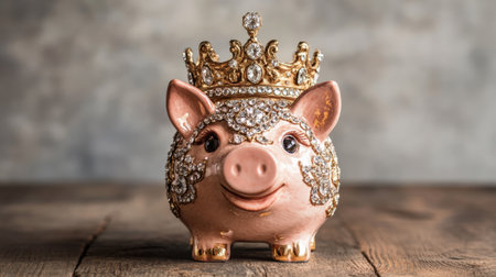 This charming piggy bank features a sparkling crown, symbolizing wealth and savings. Perfect for home decor or financial inspiration, it adds a playful touch.の素材