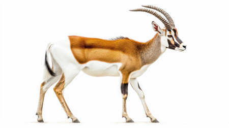 A stunning antelope showcases its unique features as it walks gracefully against a white background, highlighting its beauty and elegance in motion.の素材