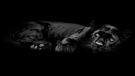 A stunning black panther rests gracefully in shadows, showcasing its powerful physique and intense gaze. The elegant curves and dark backdrop enhance the striking beauty and mystery of this majestic creature.の素材