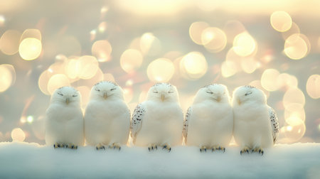 Five charming snowy owls sit together on a ledge, surrounded by a softly blurred background, creating a tranquil winter scene perfect for nature lovers.の素材