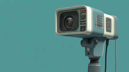 This image features a vintage movie camera with a modern twist, highlighting its unique design and aesthetic appeal against a minimalistic backdrop.の素材