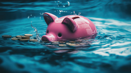 A pink piggy bank floats in water, surrounded by coins, visually representing unexpected financial challenges and the impact of economic instability.の素材