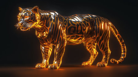 This stunning sculpture of a tiger, illuminated in vibrant orange and black hues, showcases intricate patterns against a dark backdrop, ideal for art enthusiasts.の素材
