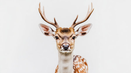 A captivating close-up image of a young male deer with antlers against a pristine white background, highlighting the animal's gentle expression and unique features.の素材