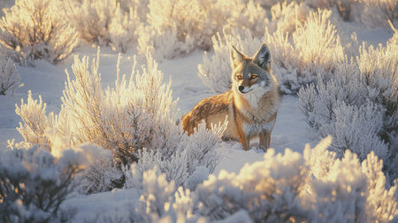 A majestic coyote stands gracefully in a frosty landscape, surrounded by snow-covered vegetation, illuminated by the soft glow of golden hour.の素材