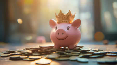 This charming image features a cute piggy bank adorned with a golden crown, sitting atop a pile of coins. It represents themes of financial success and savings.の素材