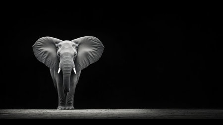 A striking black and white portrait of a majestic elephant, showcasing its powerful presence and intricate features against a dark background.の素材