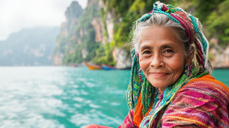 An elderly woman wearing a colorful scarf smiles warmly while sitting in a boat, surrounded by breathtaking cliffs and tranquil waters.の素材