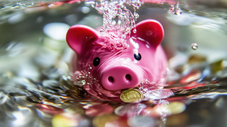 An adorable pink piggy bank is seen underwater amid coins, capturing themes of saving, finance, and budgeting in a fun and engaging way.の素材