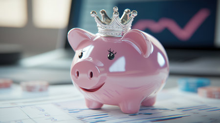 A charming pink piggy bank wearing a crown, symbolizing financial security and growth. Ideal for themes of wealth management and savings strategies.の素材