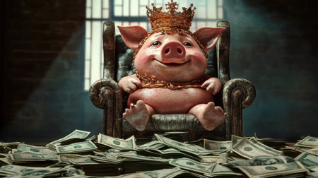 A whimsical illustration of a royal pig sporting a golden crown, lounging on a plush chair amidst a heap of dollar bills, exuding a playful charm.の素材