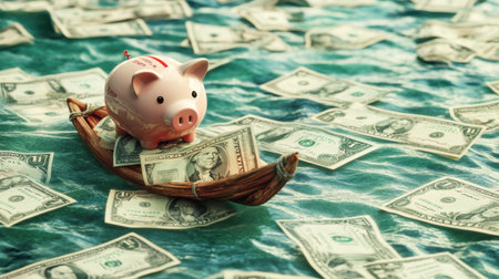A whimsical scene depicts a piggy bank sitting on a small boat, surrounded by floating dollar bills, symbolizing financial abundance and imaginative wealth management.の素材