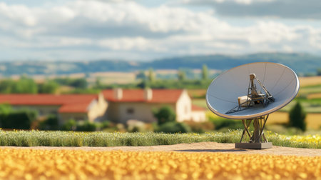 A modern satellite dish stands prominently in a rural landscape, framed by green fields and a stunning blue sky, showcasing technology in harmony with nature.の素材