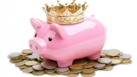 A charming pink piggy bank adorned with a luxurious gold crown sits atop a pile of shiny coins, symbolizing savings and financial aspirations.の素材