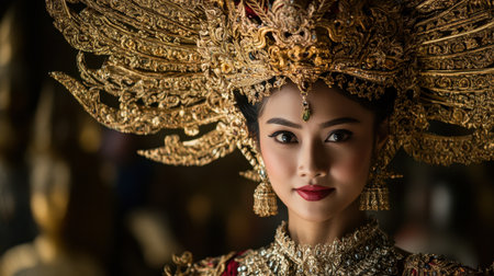 A stunning close-up of a traditional dancer showcasing her elaborate headdress and intricate jewelry, embodying cultural richness and grace.の素材