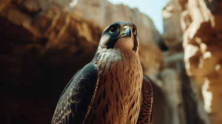 A striking close-up of a falcon, showcasing its intricate details and vibrant colors. This image captures the essence of wildlife and natural beauty.の素材