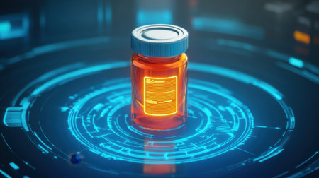 A captivating futuristic medicine bottle with a glowing orange label sits on a high-tech digital backdrop. The circular interface enhances the visual appeal, perfect for technology, health, and science themes.の素材