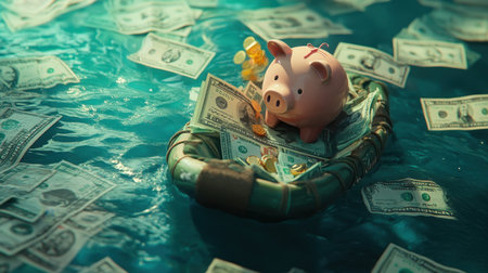 A charming pink piggy bank leisurely floats on a small boat amidst a sea of dollar bills and coins, symbolizing financial growth and savings.の素材