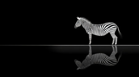 A mesmerizing depiction of a zebra silhouette standing proudly against a black background, showcasing its striking stripes in a reflective style.の素材