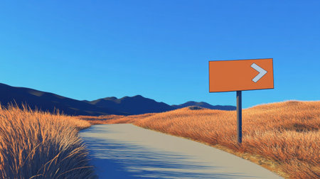 A captivating view of a solitary road leading through vibrant grasslands, featuring a clear directional sign against a picturesque backdrop.の素材