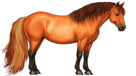 This detailed illustration captures the elegance of a standing horse, showcasing its flowing mane and vibrant coat, perfect for art or animal themes.の素材