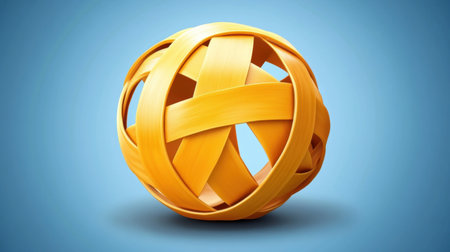 This vibrant yellow ribbon ball on a soft blue background offers a playful and creative touch, ideal for artistic projects, designs, and decorations.の素材