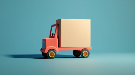 A vibrant toy truck carrying an empty cardboard box on a bright blue backdrop, perfect for conveying themes of play, fun, and delivery in creative projects.の素材