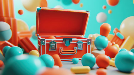 This captivating image features a vibrant orange toolbox surrounded by colorful geometric shapes, creating a playful and imaginative 3D scene perfect for creative projects.の素材
